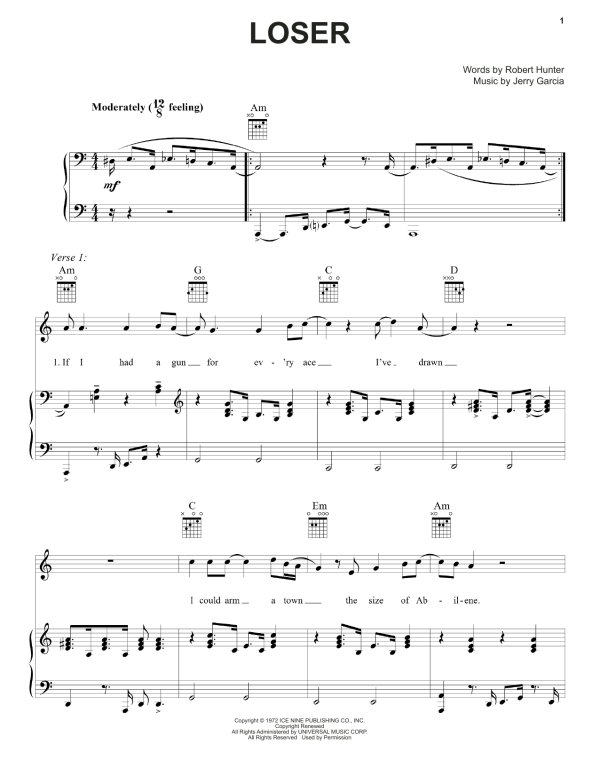 Grateful Dead Loser Musik Noten - Piano, Vocal & Guitar Chords - 160459-0