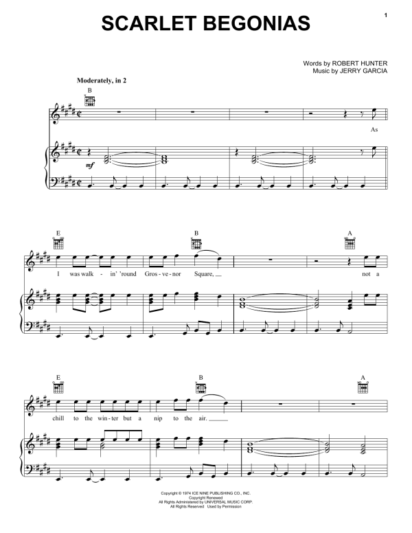 Grateful Dead Scarlet Begonias Musik Noten - Piano, Vocal & Guitar Chords - 159500-0