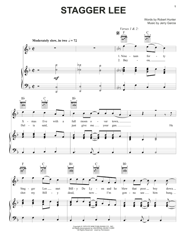 Grateful Dead Stagger Lee Musik Noten - Piano, Vocal & Guitar Chords - 160464-0