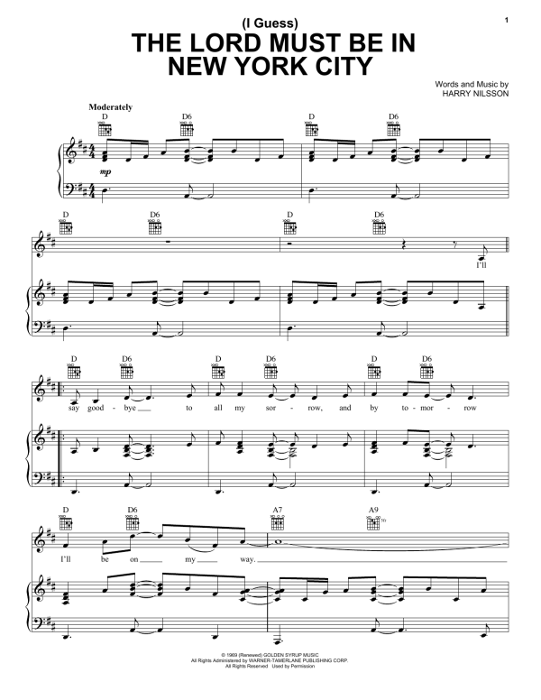Harry Nilsson (I Guess) The Lord Must Be In New York City Musik Noten - Piano, Vocal & Guitar Chords - 160218-0