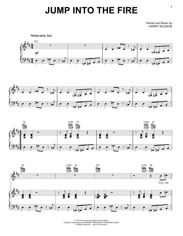 Harry Nilsson Jump Into The Fire Musik Noten - Piano, Vocal & Guitar Chords - 160213-0