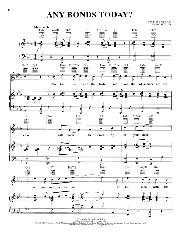 Irving Berlin Any Bonds Today Musik Noten - Piano, Vocal & Guitar Chords - 170538-0
