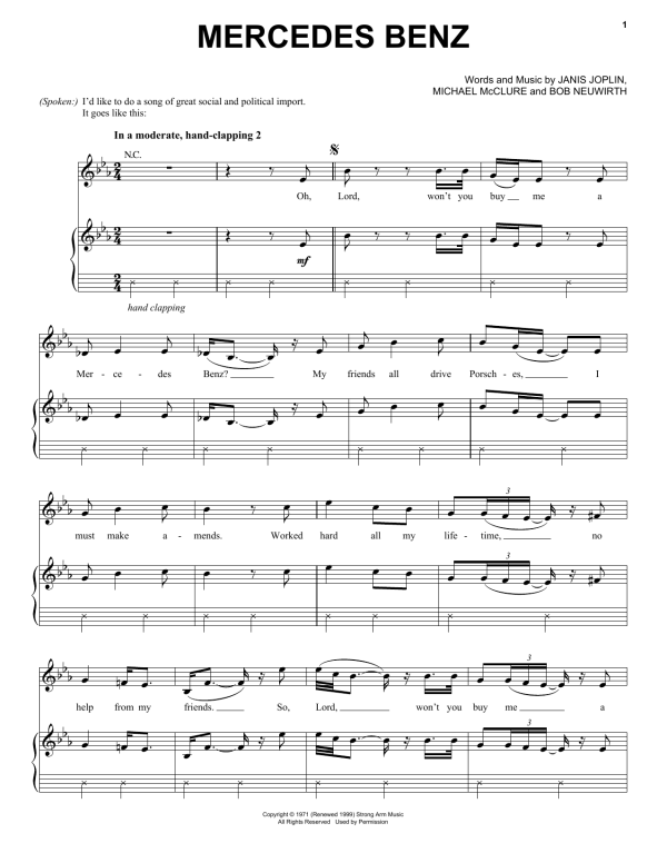 Janis Joplin Mercedes Benz (from the musical A Night With Janis Joplin) Musik Noten - Piano, Vocal & Guitar Chords - 155390-0