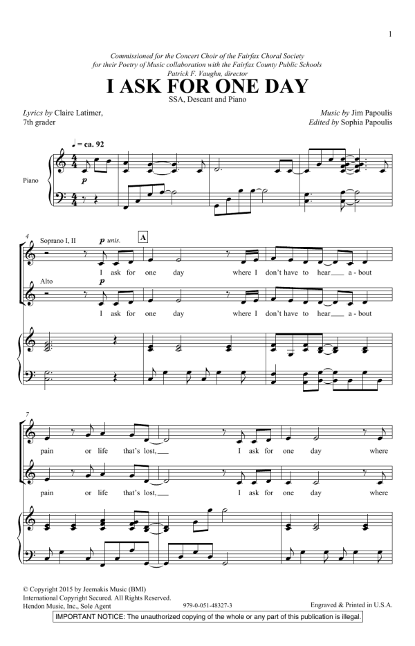 Jim Papoulis I Ask For One Day Musik Noten - SSA Choir - 159890-0