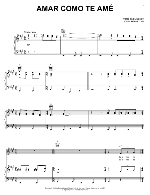 Joan Sebastian Amar Como Te Ame Musik Noten - Piano, Vocal & Guitar Chords - 169268-0
