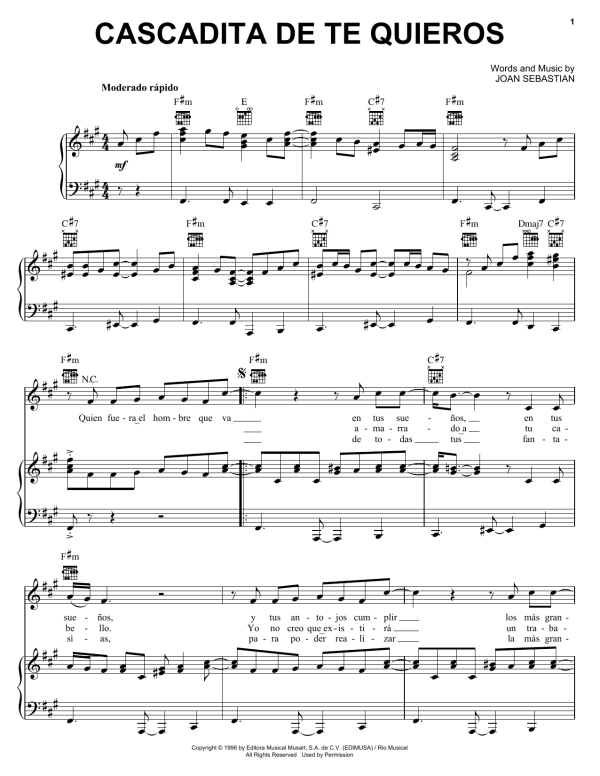Joan Sebastian Cascadita De Te Quieros Musik Noten - Piano, Vocal & Guitar Chords - 169274-0