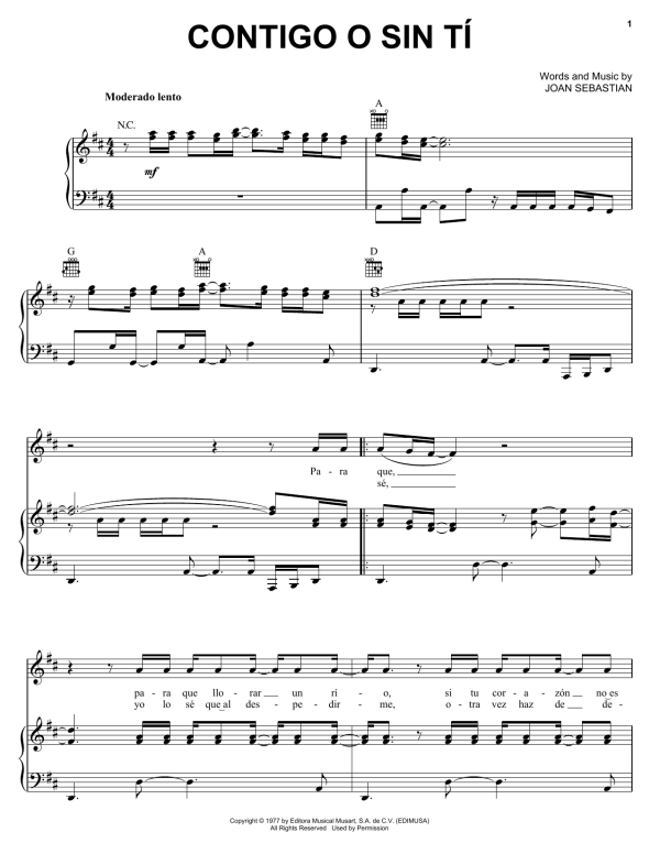 Joan Sebastian Contigo O Sin Tí Musik Noten - Piano, Vocal & Guitar Chords - 169273-0