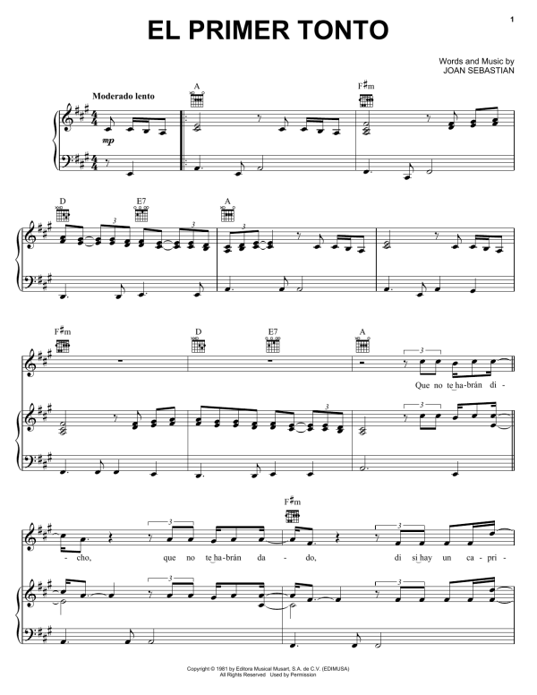 Joan Sebastian El Primer Tonto Musik Noten - Piano, Vocal & Guitar Chords - 169249-0