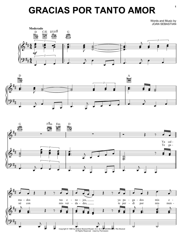 Joan Sebastian Gracias Por Tanto Amor Musik Noten - Piano, Vocal & Guitar Chords - 169251-0