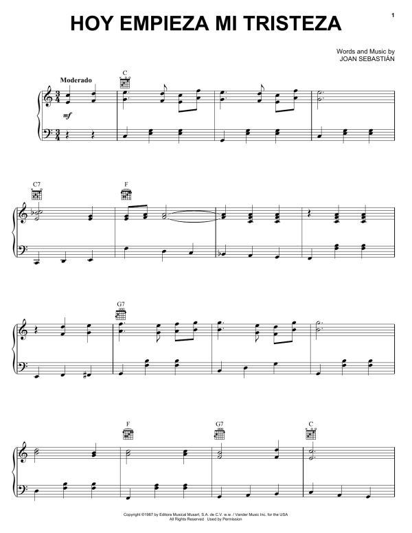Joan Sebastian Hoy Empieza Mi Tristeza Musik Noten - Piano, Vocal & Guitar Chords - 169277-0