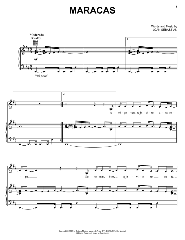 Joan Sebastian Maracas Musik Noten - Piano, Vocal & Guitar Chords - 169235-0