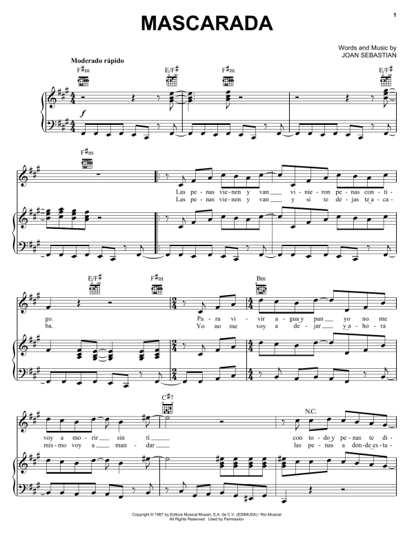 Joan Sebastian Mascarada Musik Noten - Piano, Vocal & Guitar Chords - 169278-0