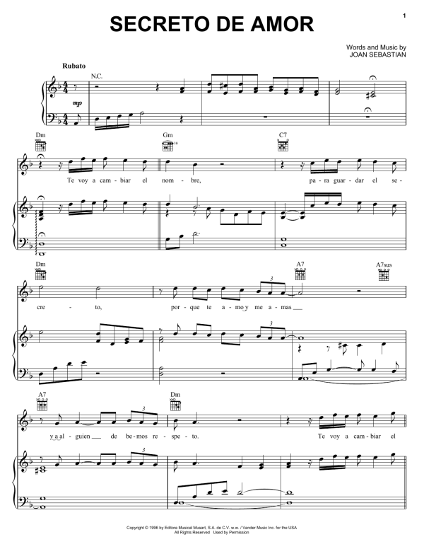Joan Sebastian Secreto De Amor Musik Noten - Piano, Vocal & Guitar Chords - 169973-0