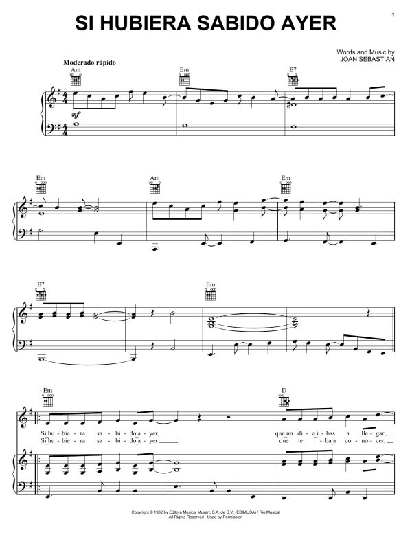 Joan Sebastian Si Hubiera Sabido Ayer Musik Noten - Piano, Vocal & Guitar Chords - 172612-0