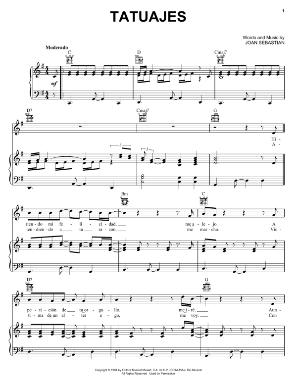 Joan Sebastian Tatuajes Musik Noten - Piano, Vocal & Guitar Chords - 170033-0