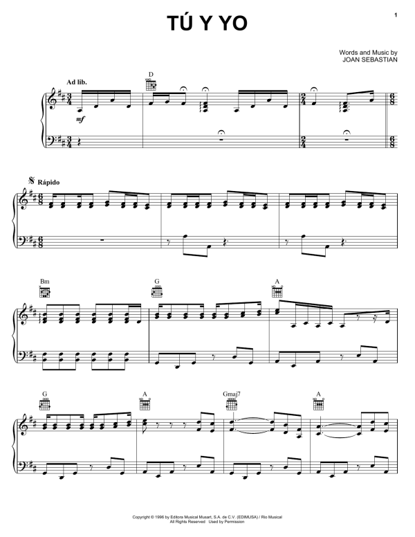 Joan Sebastian Tú Y Yo Musik Noten - Piano, Vocal & Guitar Chords - 172620-0