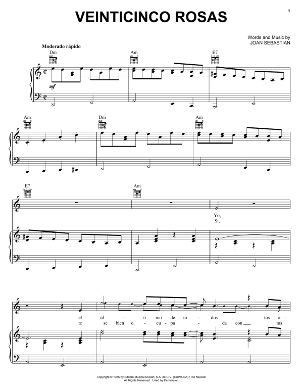 Joan Sebastian Veinticinco Rosas Musik Noten - Piano, Vocal & Guitar Chords - 169962-0