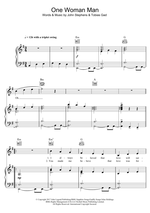 John Legend One Woman Man Musik Noten - Piano, Vocal & Guitar Chords - 124154-0