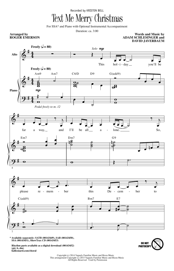 Kristen Bell Text Me Merry Christmas (arr. Roger Emerson) Musik Noten - SSA Choir - 160364-0