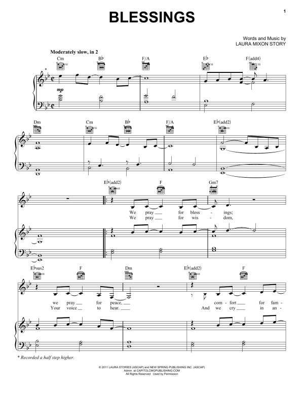 Laura Story Blessings Musik Noten - Piano, Vocal & Guitar Chords - 91229-0
