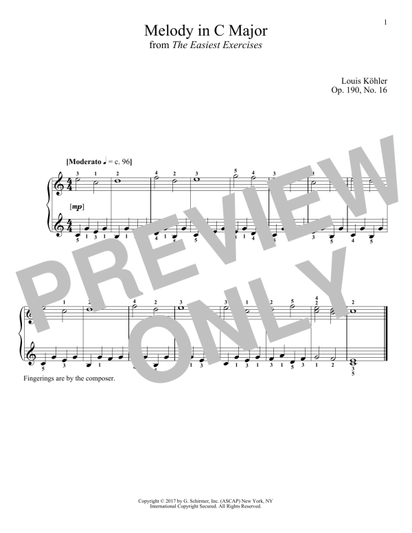 Louis Kohler Melody In C Major, Op. 190, No. 16 Musik Noten - Piano Solo - 180309-0