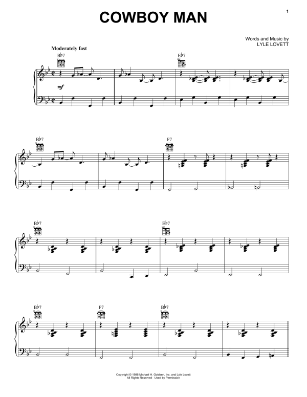 Lyle Lovett Cowboy Man Musik Noten - Piano, Vocal & Guitar Chords - 170107-0