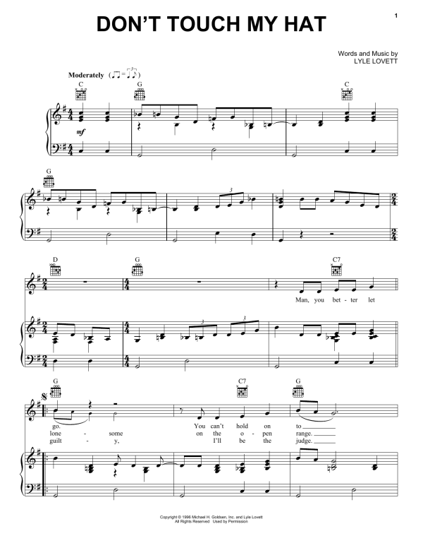 Lyle Lovett Don't Touch My Hat Musik Noten - Piano, Vocal & Guitar Chords - 170105-0