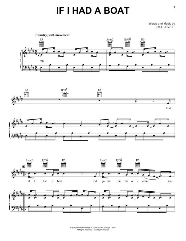 Lyle Lovett If I Had A Boat Musik Noten - Piano, Vocal & Guitar Chords - 97262-0