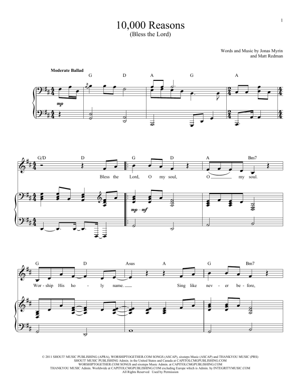 Matt Redman 10,000 Reasons (Bless The Lord) (Abridged, Kids' version) Musik Noten - Piano & Vocal - 162671-0