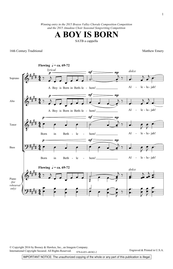Matthew Emery A Boy Is Born Musik Noten - SATB Choir - 174986-0
