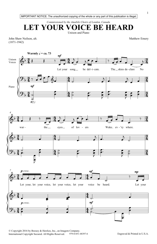 Matthew Emery Let Your Voice Be Heard Musik Noten - Unison Choir - 174990-0