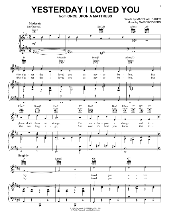 Rodgers & Barer Yesterday I Loved You Musik Noten - Piano, Vocal & Guitar Chords - 180092-0
