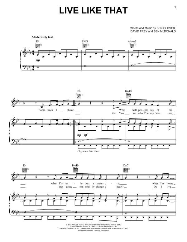 Sidewalk Prophets Live Like That Musik Noten - Piano, Vocal & Guitar Chords - 93543-0