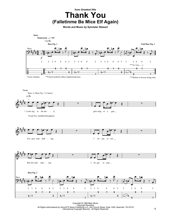 Sly & The Family Stone Thank You (Falletinme Be Mice Elf Again) Musik Noten - Bass Guitar Tab - 155477-0