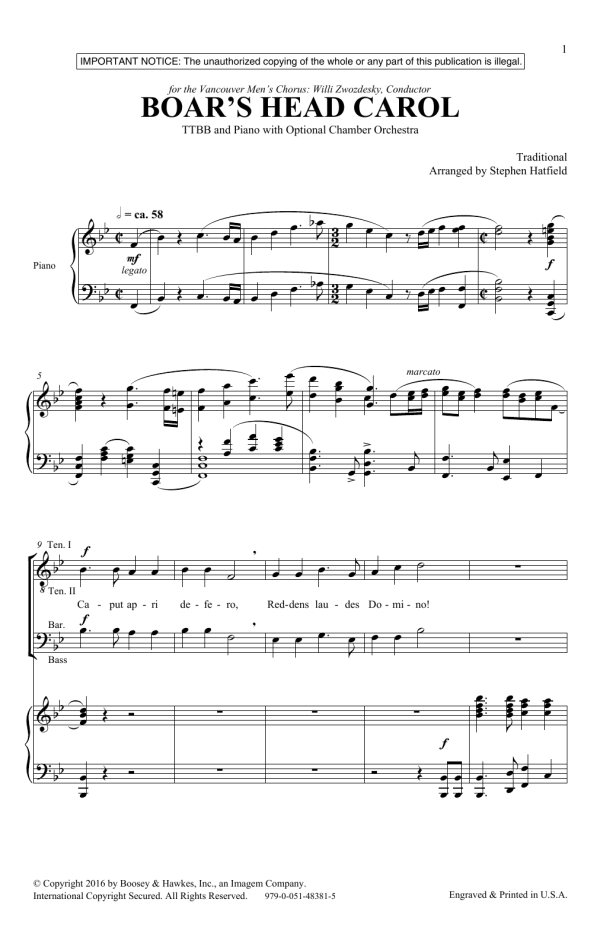 Stephen Hatfield The Boar's Head Carol Musik Noten - TTBB Choir - 177405-0