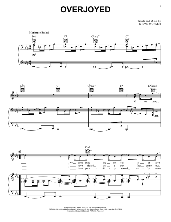 Stevie Wonder Overjoyed Musik Noten - Piano, Vocal & Guitar Chords - 77191-0