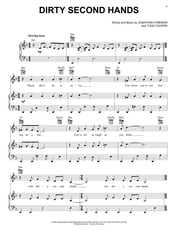 Switchfoot Dirty Second Hands Musik Noten - Piano, Vocal & Guitar Chords - 170251-0